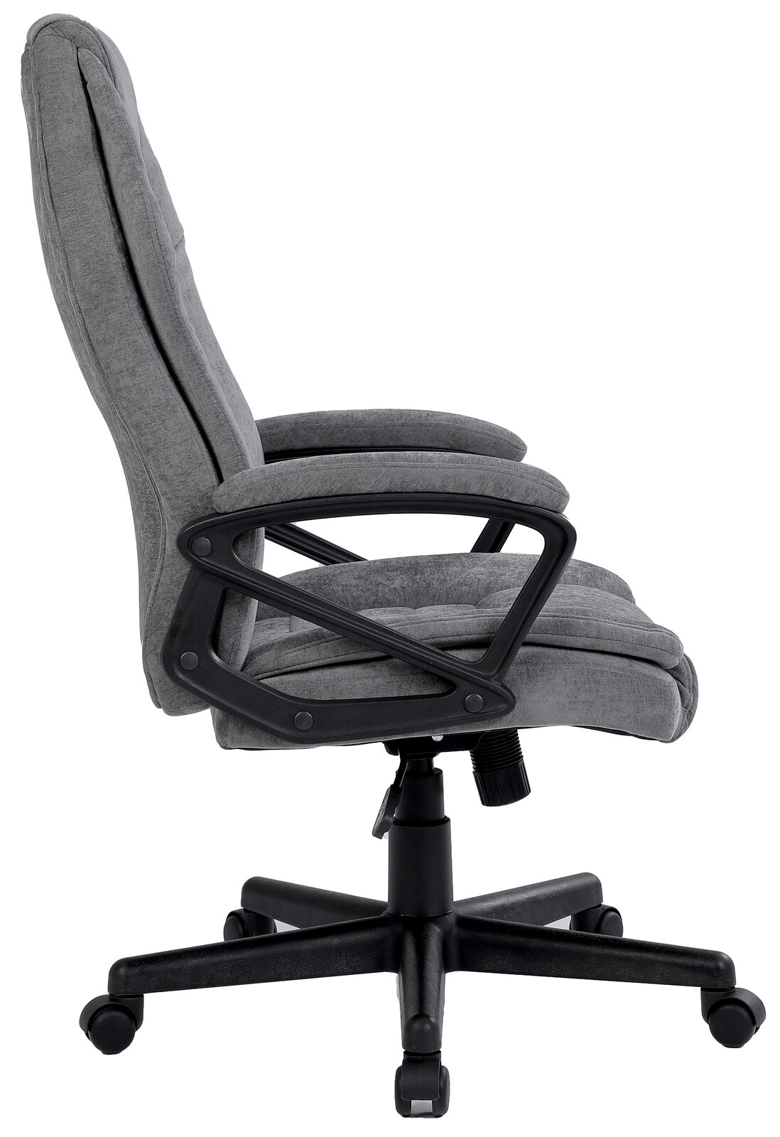 Grauer Homeoffice-Drehstuhl von der Seite mit gepolstertem Sitz und Rückenlehne, Armlehnen und Rollenfuß.