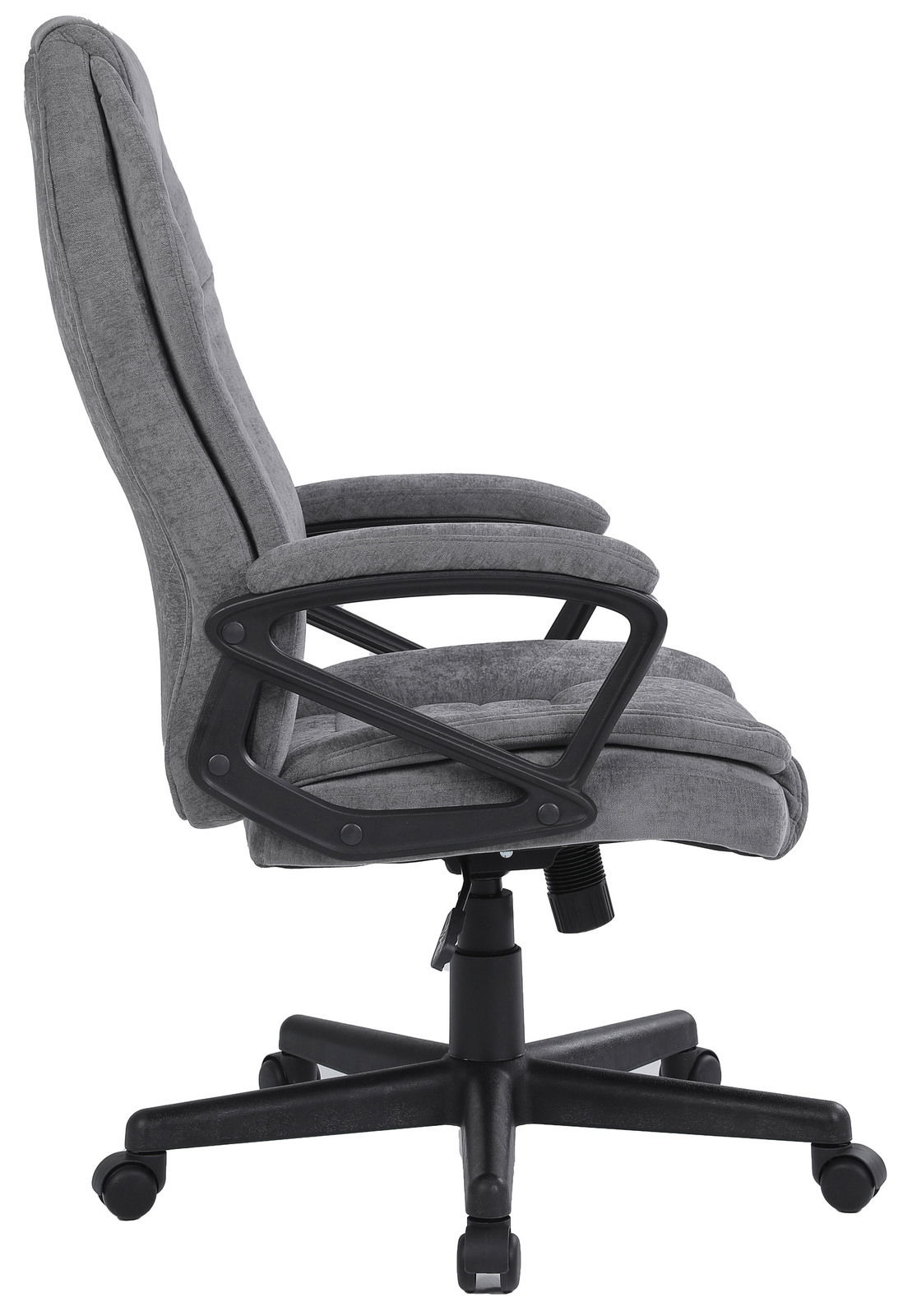 Grauer Homeoffice-Drehstuhl von der Seite mit gepolstertem Sitz und Rückenlehne, Armlehnen und Rollenfuß.