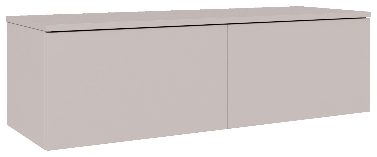 Weißer, minimalistischer Wand-Hängeschrank mit zwei glatten Türen und flacher Abdeckplatte, gezeigt in schräger Vorderansicht von links.