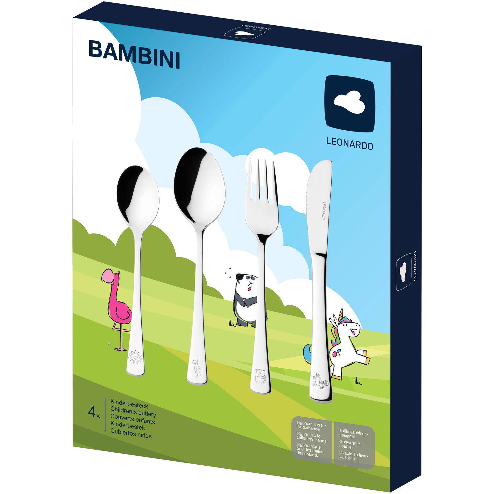 Kinderbesteck 4-teilig in bunter Verpackung mit Tiermotiven, seitliche Perspektive
