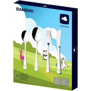 Kinderbesteck 4-teilig in bunter Verpackung mit Tiermotiven, seitliche Perspektive