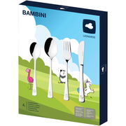 Kinderbesteck 4-teilig in bunter Verpackung mit Tiermotiven, seitliche Perspektive