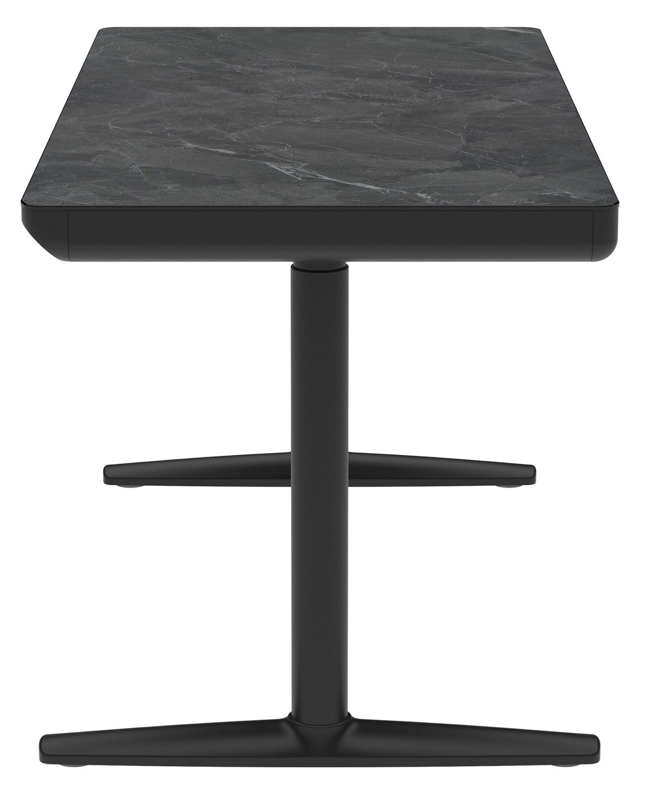 Moderner E-Schreibtisch mit schwarzer Marmoroptik, Ansicht von vorne