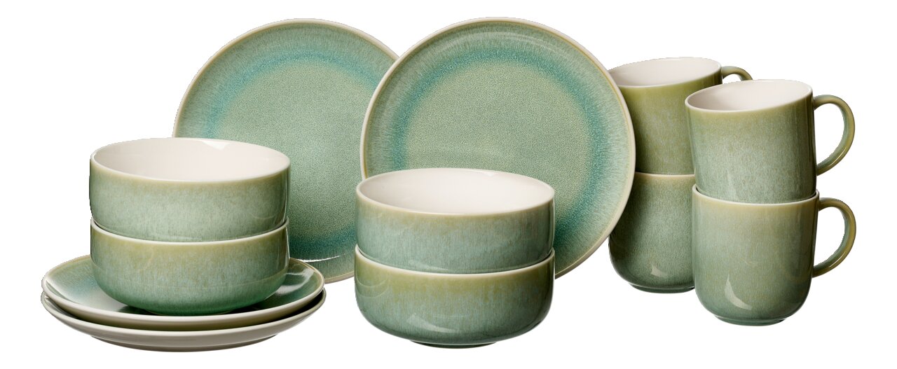 Ritzenhoff & Breker Frühstücksset 12-tlg. BORNEO Frühstücksset 12-tlg. in grüner Keramik, bestehend aus Tellern, Schalen und Tassen, seitliche Perspektive