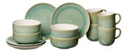 Frühstücksset 12-tlg. in grüner Keramik, bestehend aus Tellern, Schalen und Tassen, seitliche Perspektive