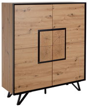 Modernes Highboard aus Holz mit vier Türen und schwarzem Rahmen, seitliche Perspektive