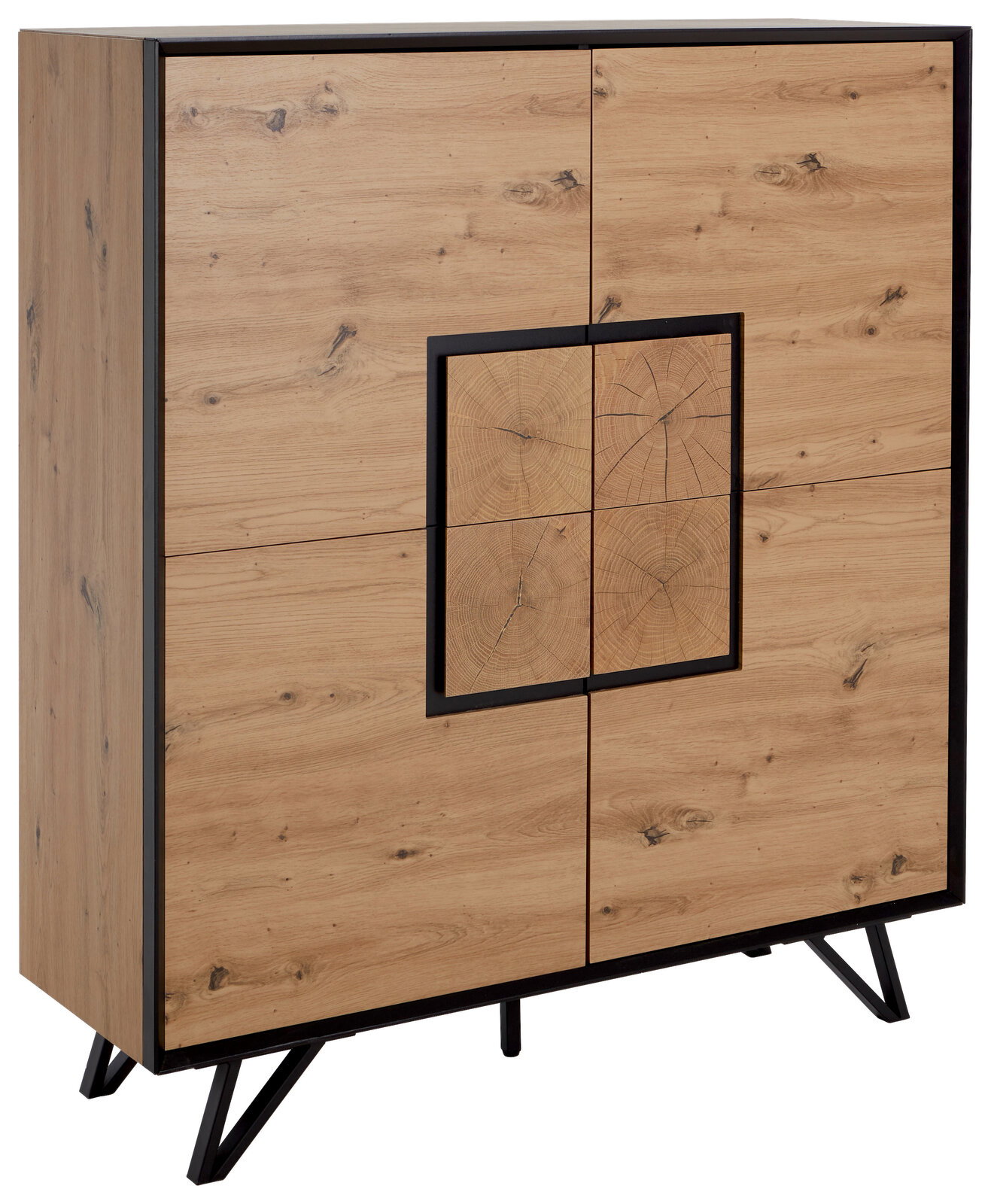 Modernes Highboard aus Holz mit vier Türen und schwarzem Rahmen, seitliche Perspektive