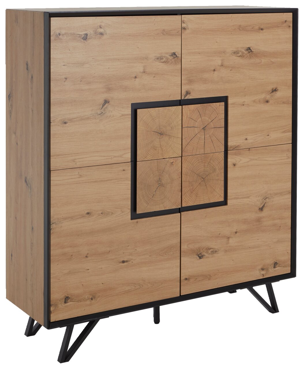 Modernes Highboard aus Holz mit vier Türen und schwarzem Rahmen, seitliche Perspektive