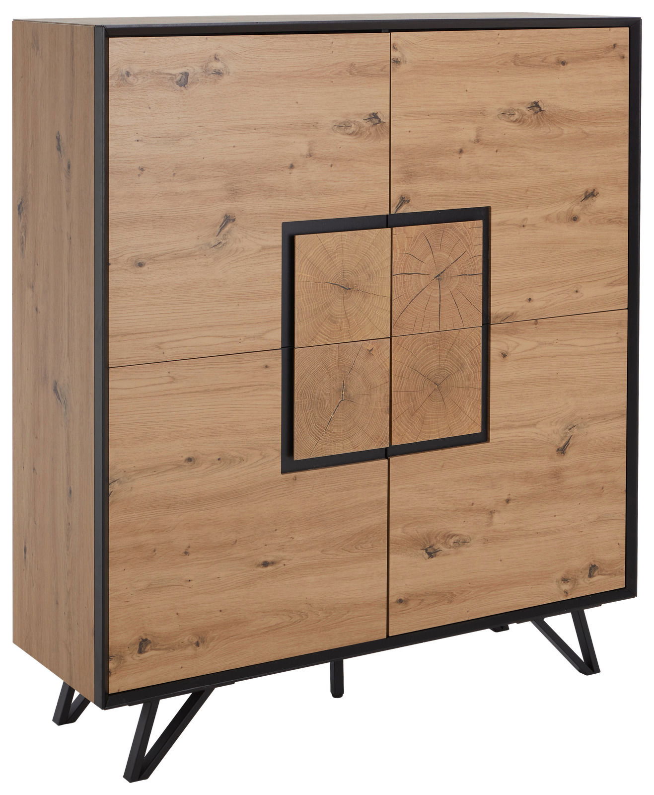 Modernes Highboard aus Holz mit vier Türen und schwarzem Rahmen, seitliche Perspektive