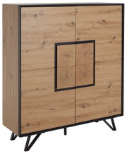 Modernes Highboard aus Holz mit vier Türen und schwarzem Rahmen, seitliche Perspektive