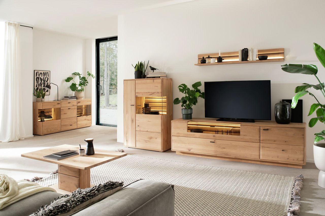 Moderne Wohnzimmer-Wandkombination aus Holz mit TV-Schrank, Regal und Vitrine, umgeben von Pflanzen, aus der Perspektive des Wohnzimmers fotografiert.