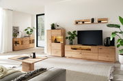Moderne Wohnzimmer-Wandkombination aus Holz mit TV-Schrank, Regal und Vitrine, umgeben von Pflanzen, aus der Perspektive des Wohnzimmers fotografiert.