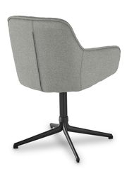 Rückansicht eines grauen Armlehnstuhls mit schwarzem Drehgestell