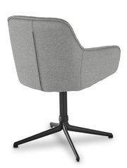 Rückansicht eines grauen Armlehnstuhls mit schwarzem Drehgestell