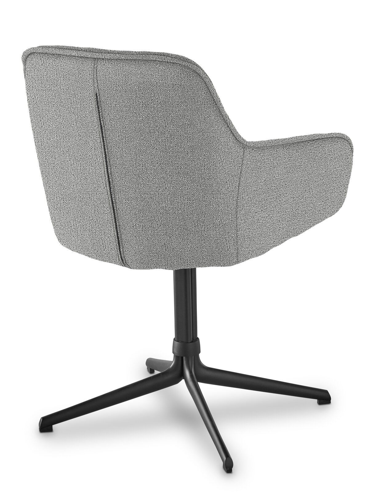 Rückansicht eines grauen Armlehnstuhls mit schwarzem Drehgestell