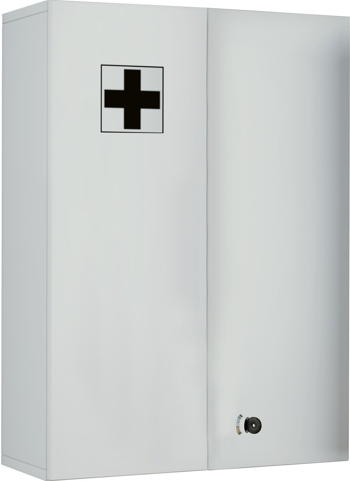 Weißer Erste-Hilfe-Wandschrank mit schwarzem Kreuz und Drehverschluss, Frontansicht in leichter Schrägperspektive