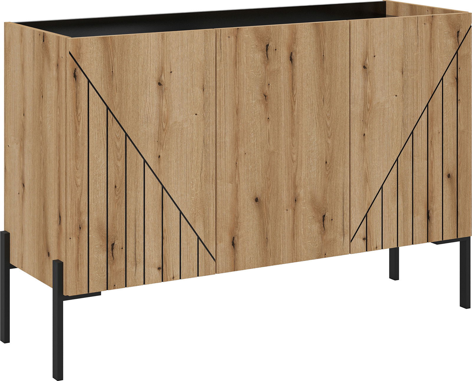 Modernes Sideboard aus Holz mit schwarzem Metallgestell, Frontansicht