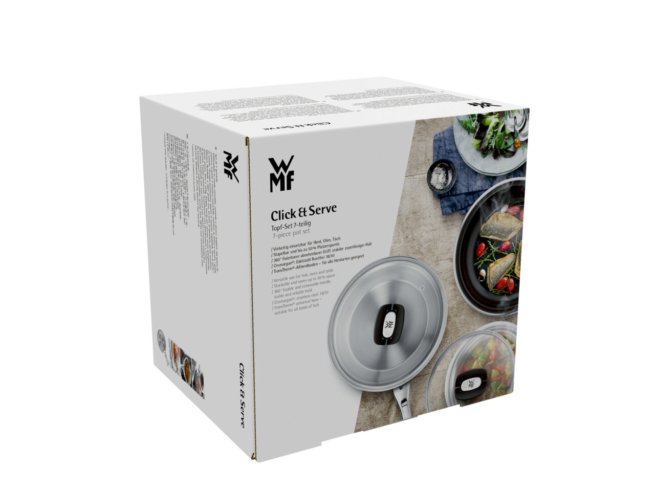 Verpackung des Topfsets Click & Serve 6-tlg. von schräg vorne, zeigt Produktabbildungen und Markenlogo.