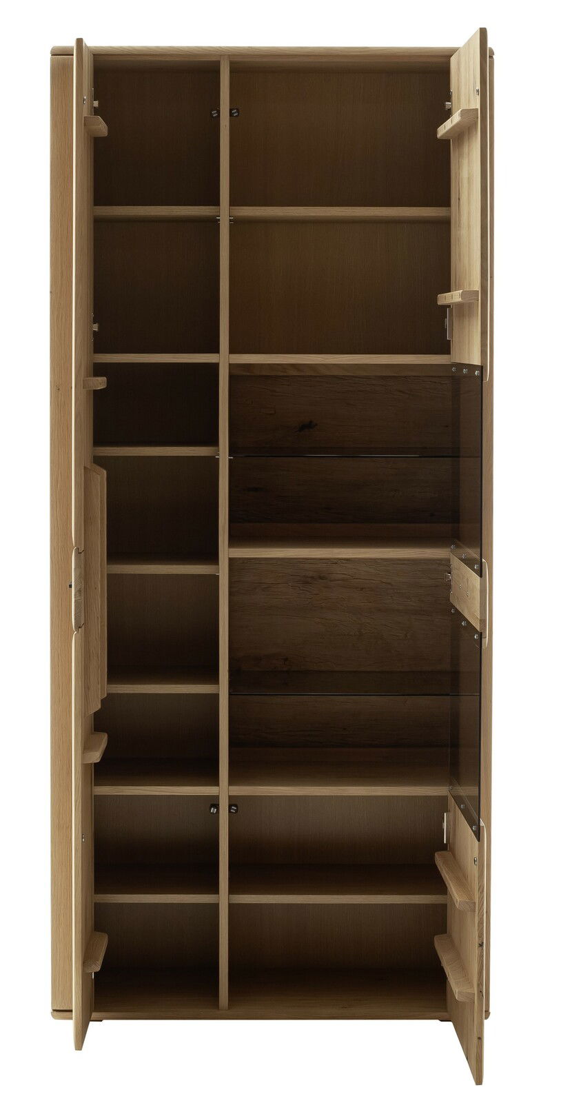 Frontale Ansicht einer offenen Kombi-Vitrine aus Holz mit mehreren Regalböden und Glastüren.