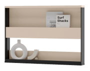 Minimalistische wandplank/boekenkast met zwart frame en beige planken, met boeken en witte decoratie, frontaal aanzicht.