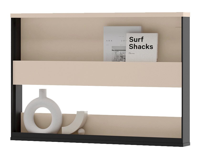 Minimalistische wandplank/boekenkast met zwart frame en beige planken, met boeken en witte decoratie, frontaal aanzicht.
