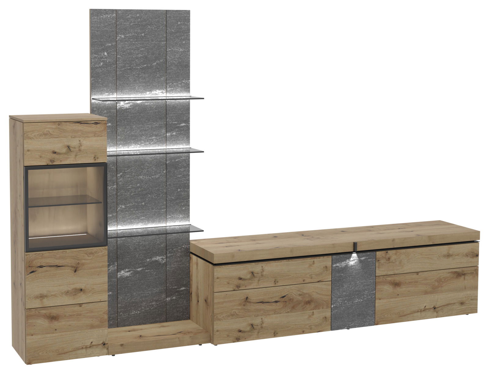 Moderne Wohnwand in Holzoptik mit grauen Akzenten, bestehend aus einem hohen Schrank mit Glaseinsatz und Regalen, sowie einem langen Lowboard. Perspektive: Frontalansicht.