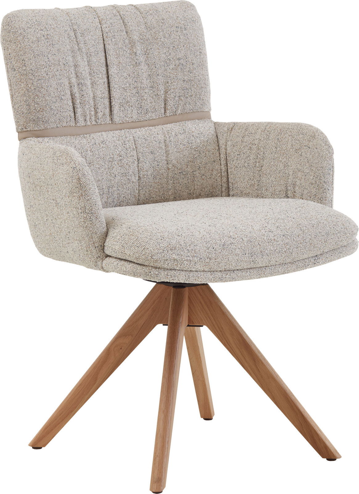 Gepolsterter Drehstuhl mit hoher Rückenlehne, hellgrauem Strukturstoff und Holz-Kreuzfuß, schräg von vorne links fotografiert.