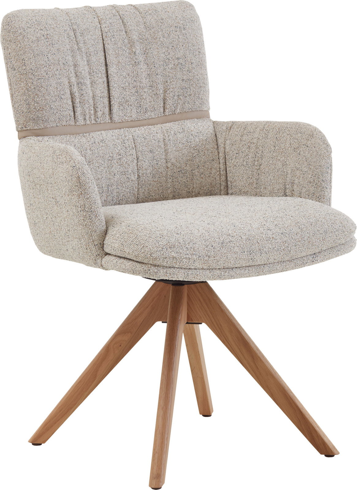 Gepolsterter Drehstuhl mit hoher Rückenlehne, hellgrauem Strukturstoff und Holz-Kreuzfuß, schräg von vorne links fotografiert.