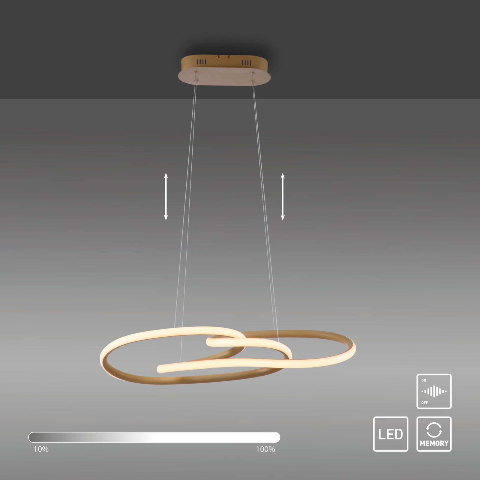 Moderne LED-Pendelleuchte mit zwei ineinander verschlungenen Leuchtringen in Goldoptik, an dünnen Seilabhängungen von der Decke hängend, Produktansicht schräg von vorne