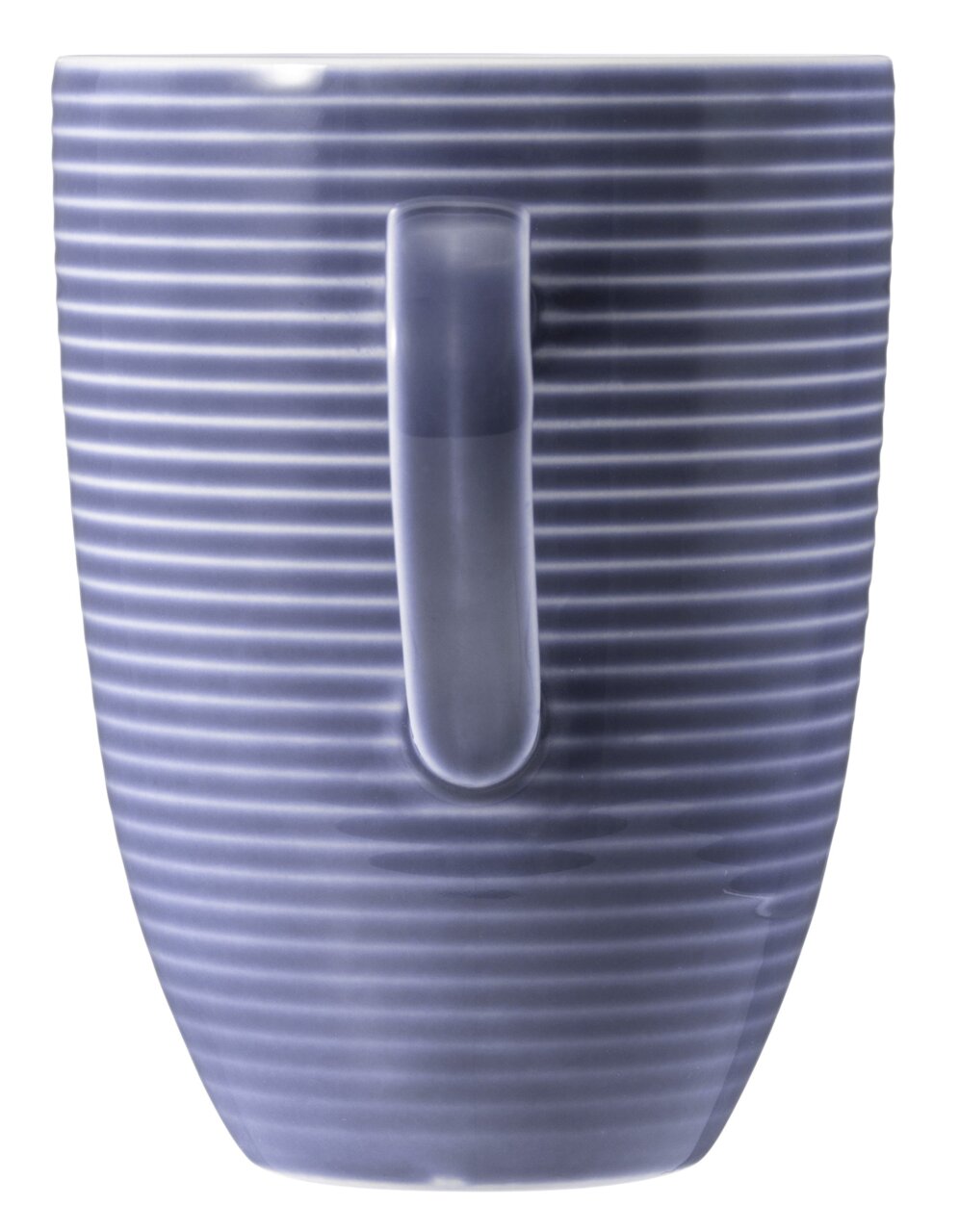 Blauer Becher mit Henkel, seitliche Perspektive, mit horizontalen Streifen