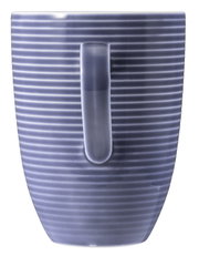 Blauer Becher mit Henkel, seitliche Perspektive, mit horizontalen Streifen