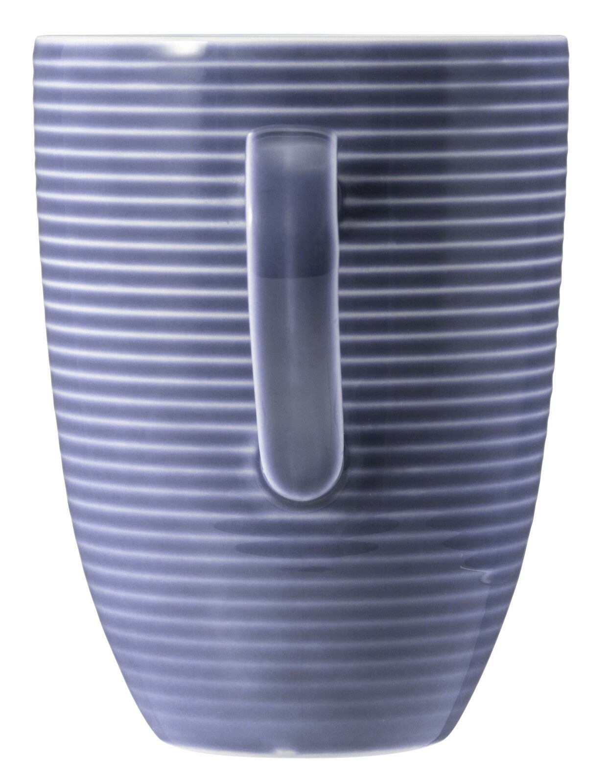 Blauer Becher mit Henkel, seitliche Perspektive, mit horizontalen Streifen