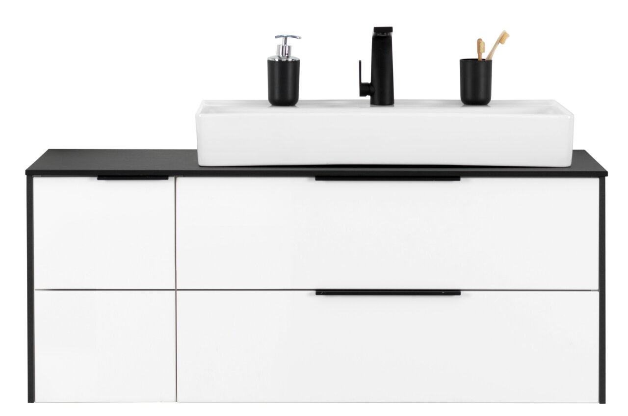 Modernes Waschtisch-Set in Weiß mit schwarzem Wasserhahn und Accessoires, Frontalansicht