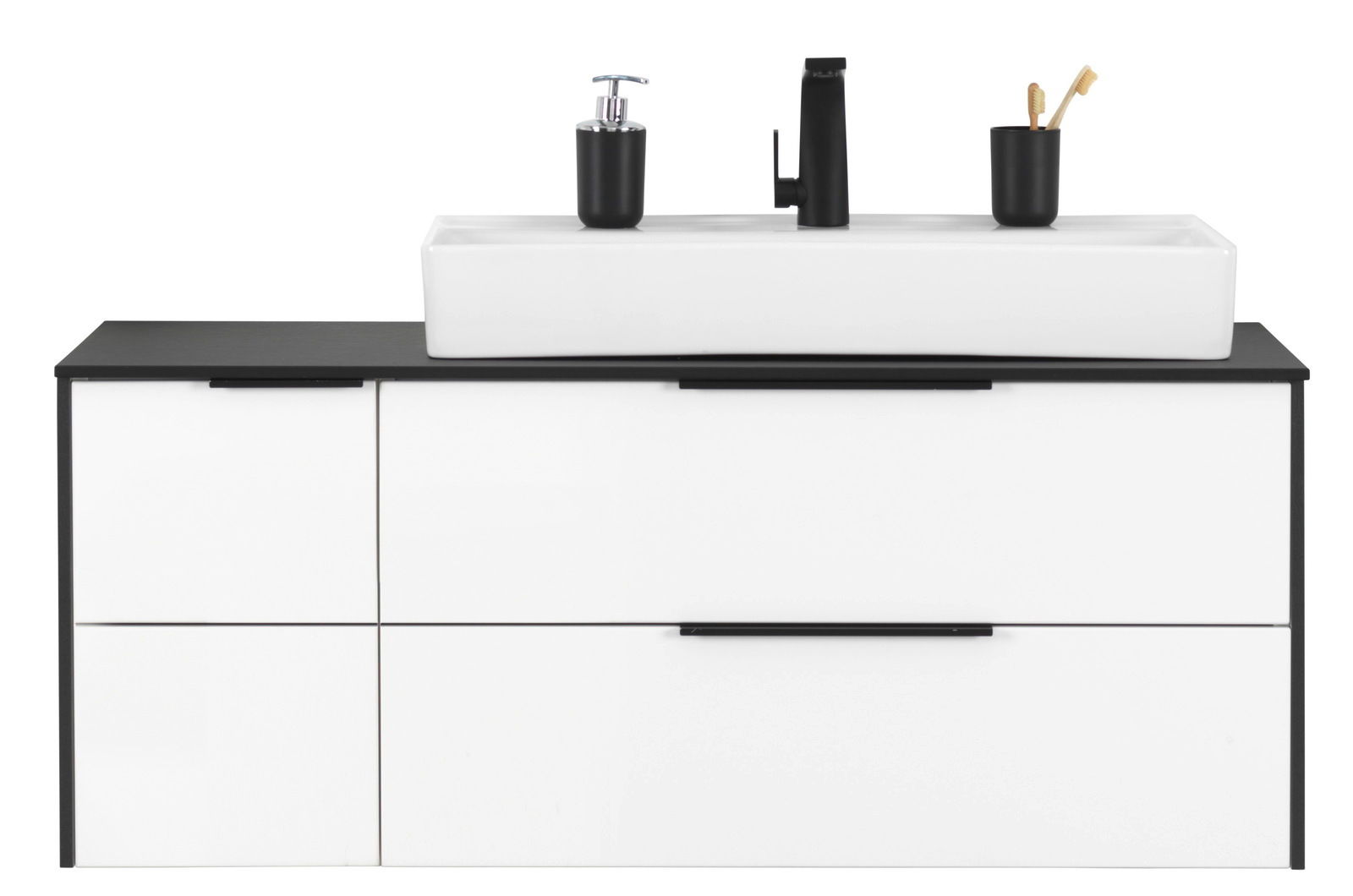 Modernes Waschtisch-Set in Weiß mit schwarzem Wasserhahn und Accessoires, Frontalansicht