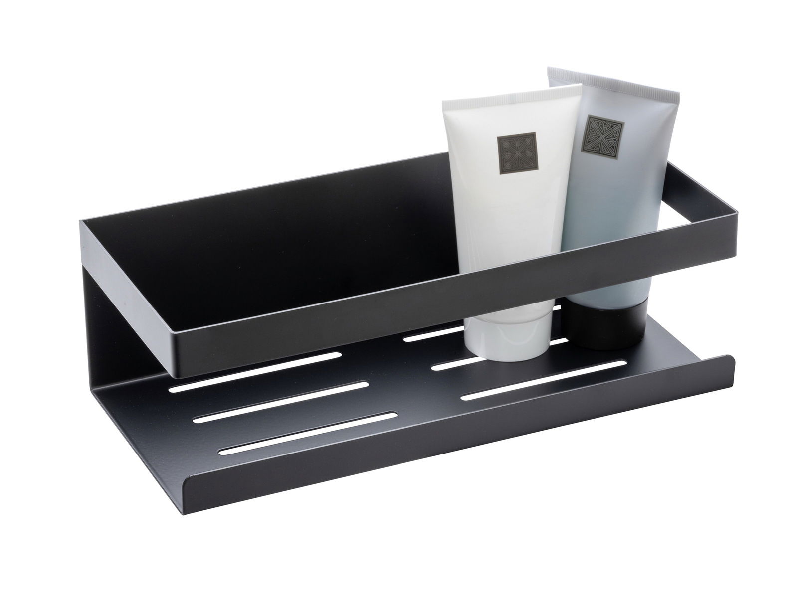 Schwarze Wandablage Meleto mit zwei Tuben, seitliche Perspektive