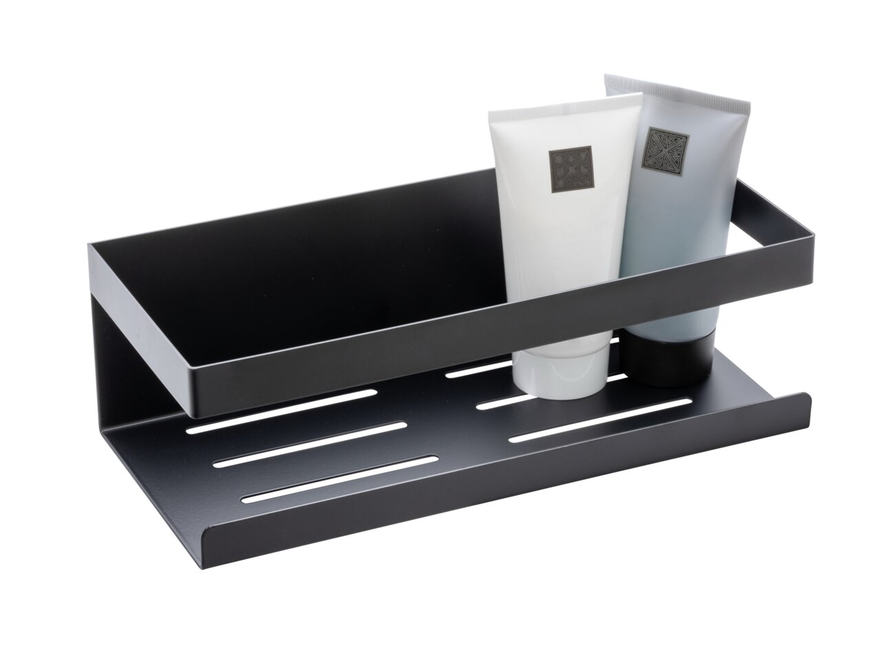 Schwarze Wandablage Meleto mit zwei Tuben, seitliche Perspektive