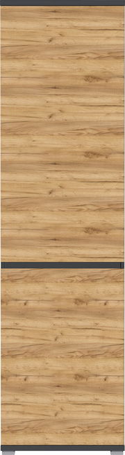 Frontansicht eines XL-Schuh- und Garderobenschranks mit Holzoptik und modernen Akzenten.