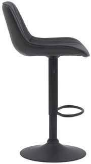 Moderner schwarzer Barhocker aus seitlicher Perspektive mit gepolsterter Sitzfläche und Fußstütze.