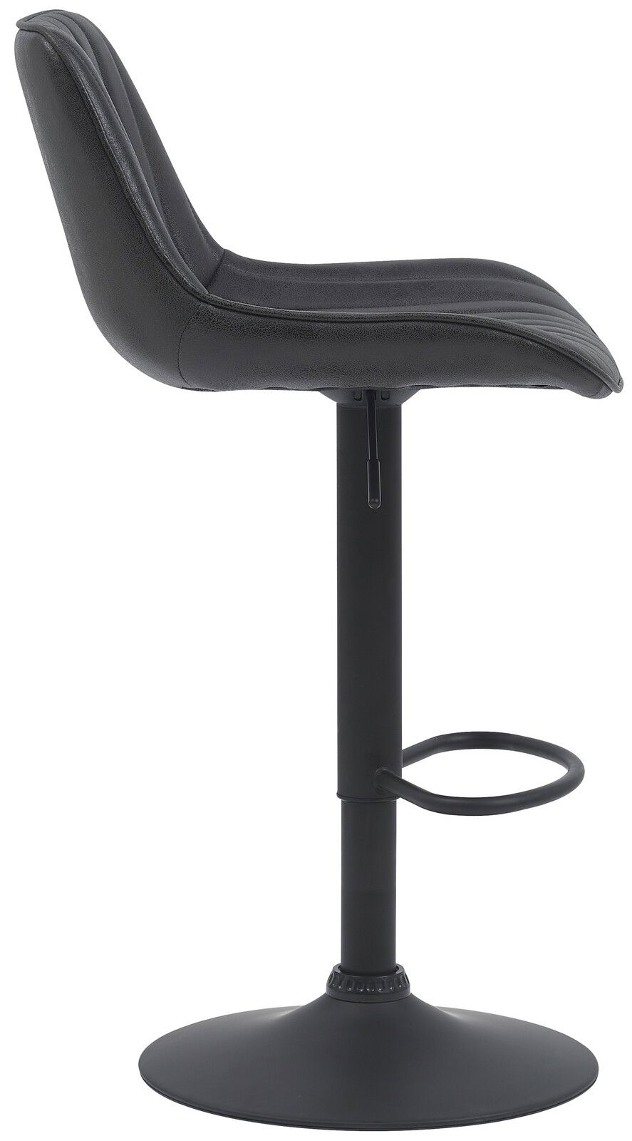 Moderner schwarzer Barhocker aus seitlicher Perspektive mit gepolsterter Sitzfläche und Fußstütze.