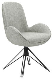 Grauer Armlehnstuhl mit modernem Design und schwarzem Metallgestell, seitliche Perspektive