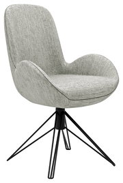 Grauer Armlehnstuhl mit modernem Design und schwarzem Metallgestell, seitliche Perspektive