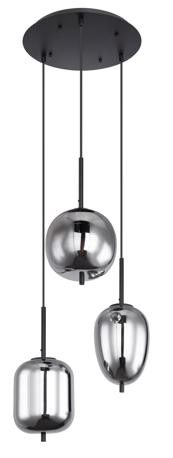 Globo Lighting Hängeleuchte BLACKY Moderne Hängeleuchte BLACKY mit drei verchromten Glaskugeln, von unten betrachtet.