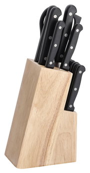 Messerblock-Set mit 13 Teilen, seitliche Perspektive, schwarze Griffe und Holzblock