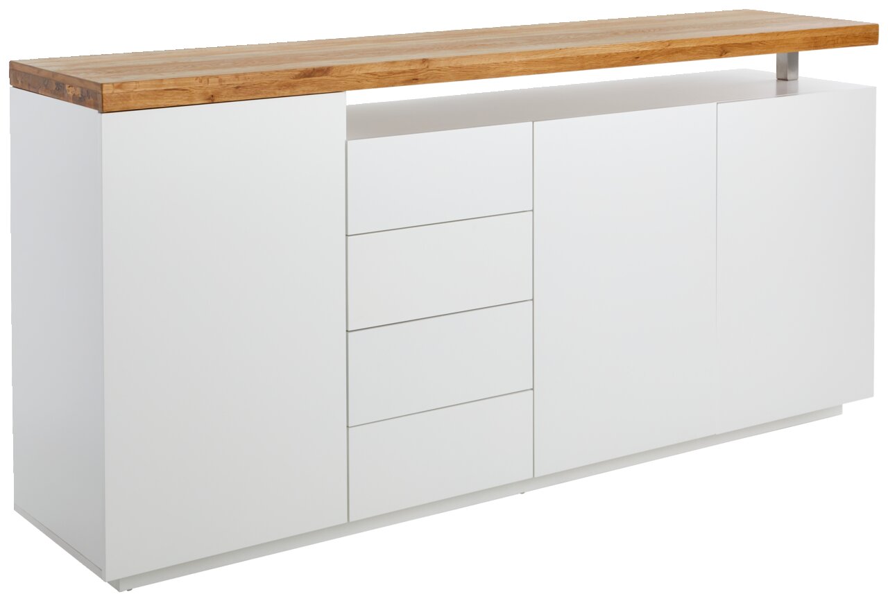 Novel XL-dressoir MORO Weißes XL-Sideboard mit Holzplatte, seitliche Perspektive