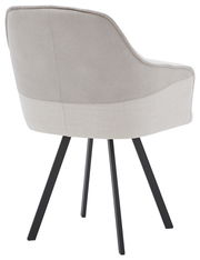 Rückansicht eines modernen Stuhls mit hellgrauem Stoffbezug und schwarzen Metallbeinen.