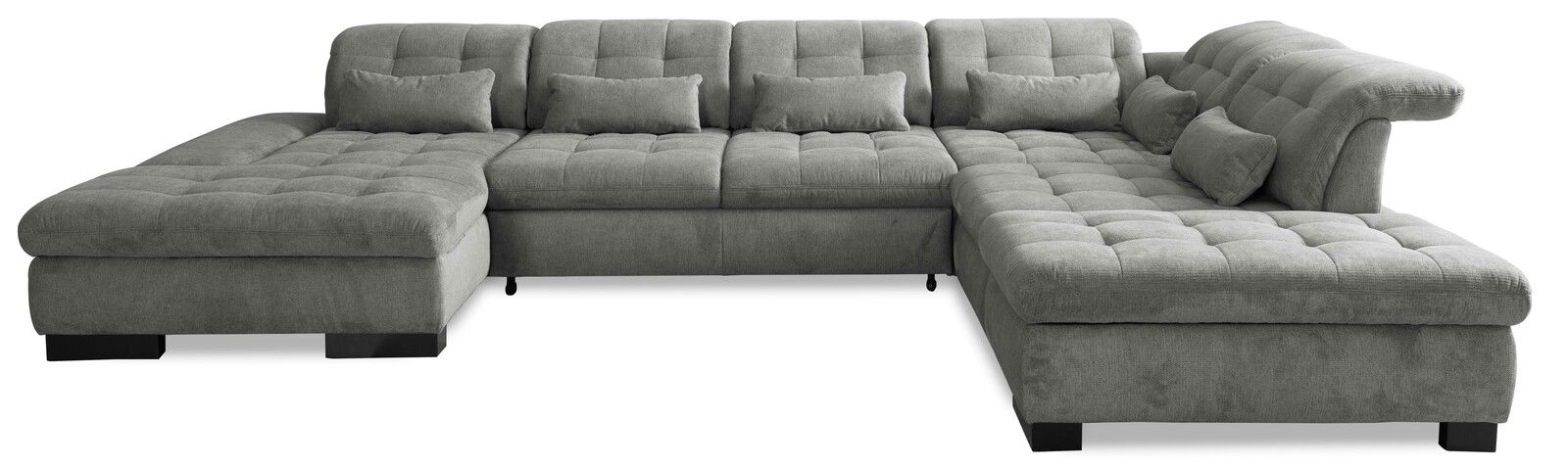 Graues, U-förmiges Sofa mit Ottomane links und rechts, Vorderansicht