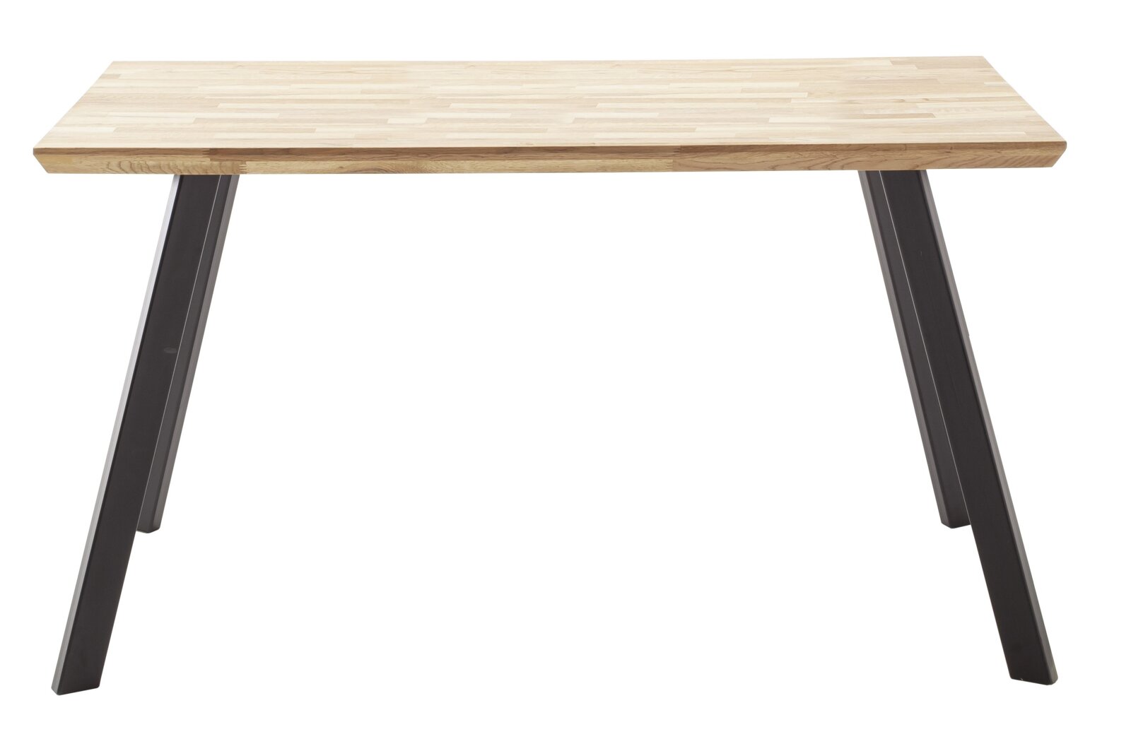 Moderner Esstisch mit Holzplatte und schwarzen Metallbeinen, Frontalansicht