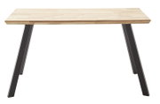 Moderner Esstisch mit Holzplatte und schwarzen Metallbeinen, Frontalansicht