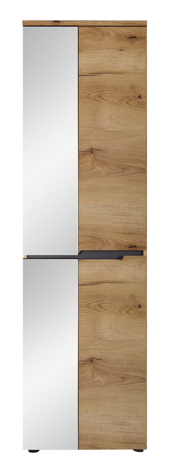 Garderobenschrank aus Holz mit zwei Türen, eine mit Spiegel, in Frontalansicht.