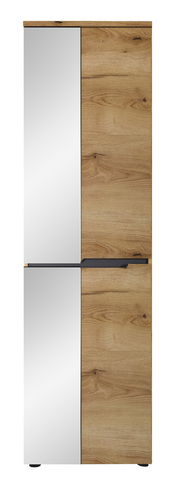 Garderobenschrank aus Holz mit zwei Türen, eine mit Spiegel, in Frontalansicht.